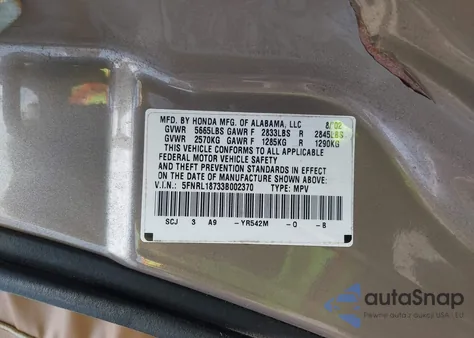 2003 Honda Odyssey Ex-L из США, поврежденный, VIN 5FNRL18733B002370